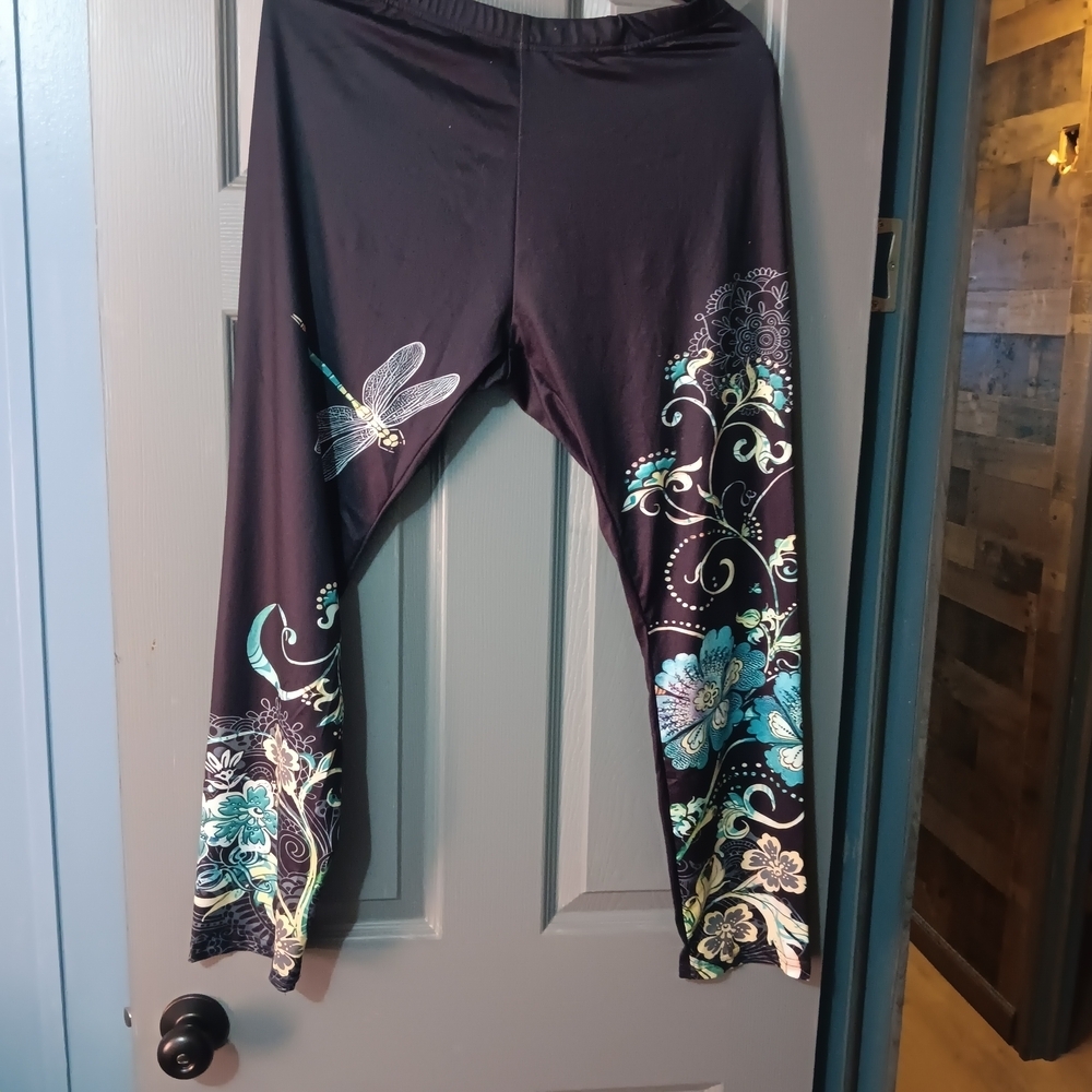 Women Floral Dragonfly Leggings - Black with Teal Accents